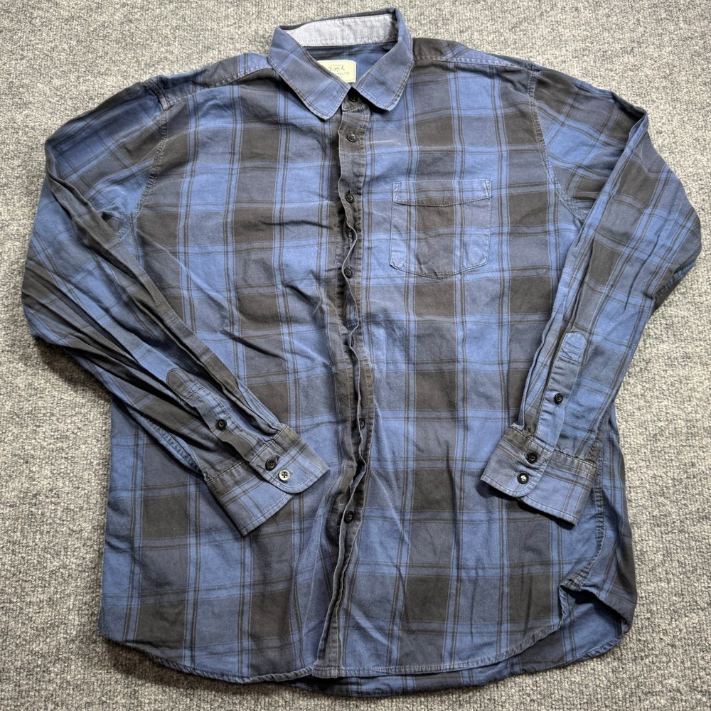 Ecko Unltd Flannel Shirt Mens L Blue Black Plaid Button Front Long Sleeve